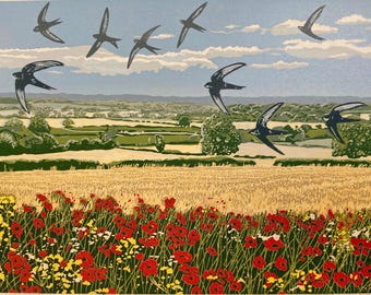 Handmade Limited Edition Lino Print - Summer Swifts