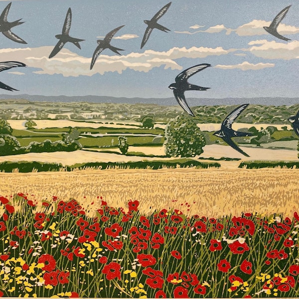 Impression lino faite main en édition limitée - Martinets d'été