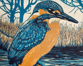 Handmade Limited Edition Lino Print - Kingfisher II