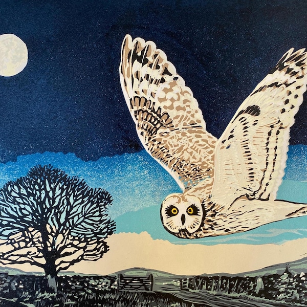 Imprimé lino fait main en édition limitée - Hibou d'hiver