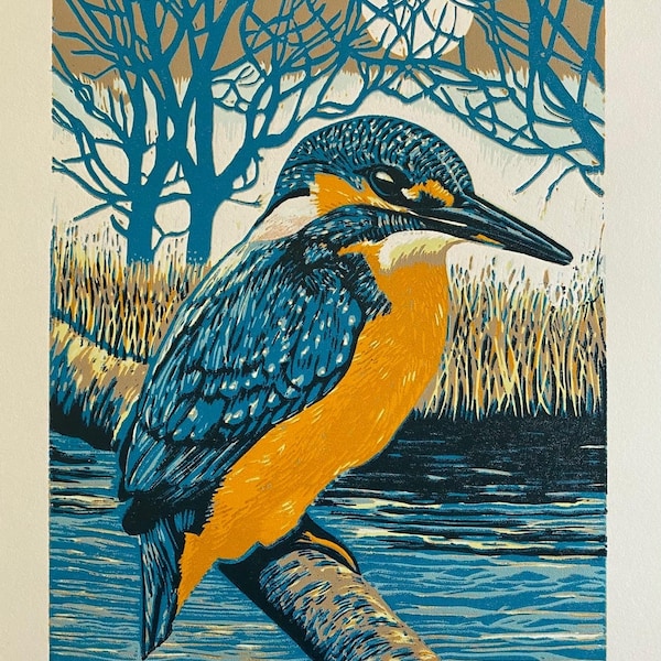 Handmade Limited Edition Lino Print - Kingfisher II