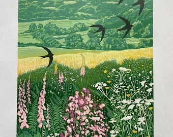 Handmade Limited Edition Reduction Lino Print - White Horse View V3. (with 5 swifts)