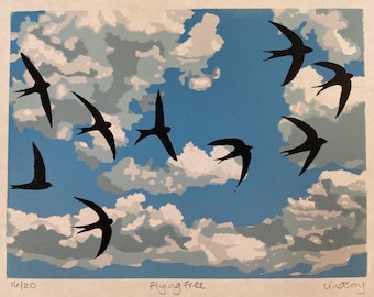 Handmade Lino Print - Flying Free