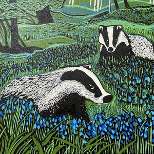 Linogravure artisanale en édition limitée - Jacinthes des bois et blaireaux