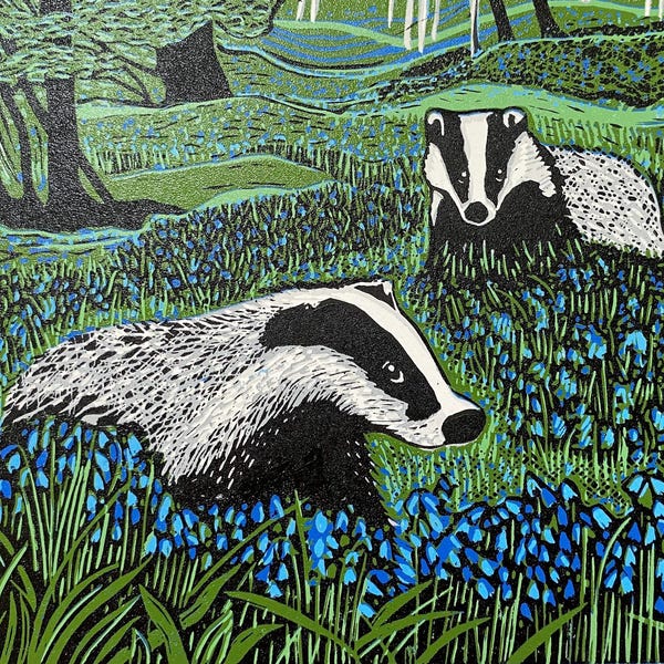 Linogravure artisanale en édition limitée - Jacinthes des bois et blaireaux