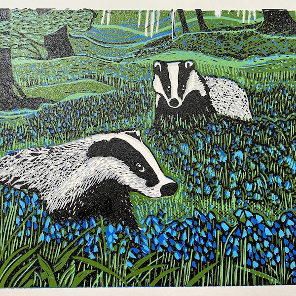 Handmade Limited Edition Lino Print - Bluebells and Badgers