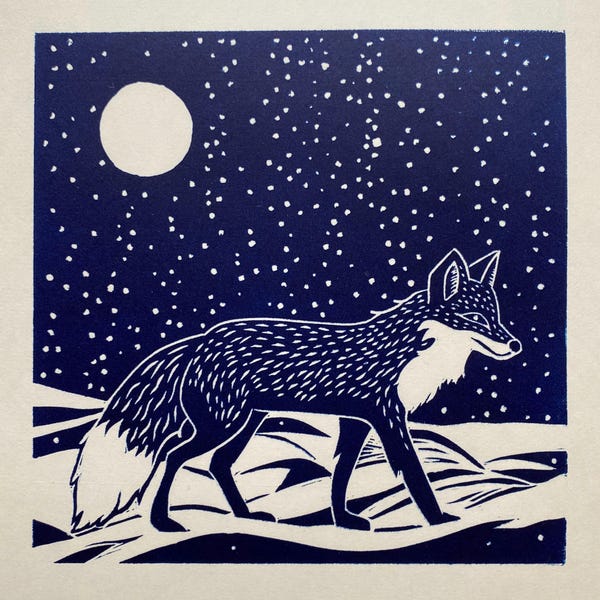 Handmade Lino Print - Winter Fox