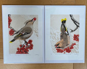 Handmade Limited Edition Lino Prints - Waxwing and Rowan berries I & II with plain background (two matching prints )