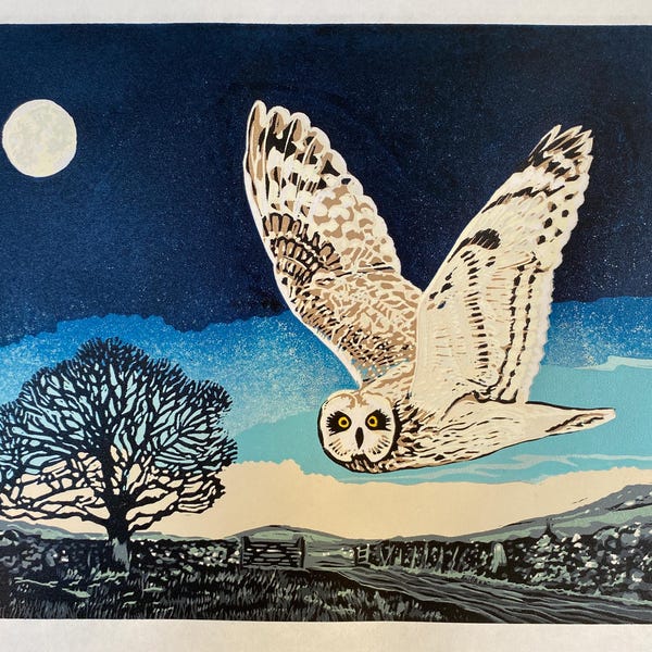 Handmade Limited Edition Lino Print - Winter Owl