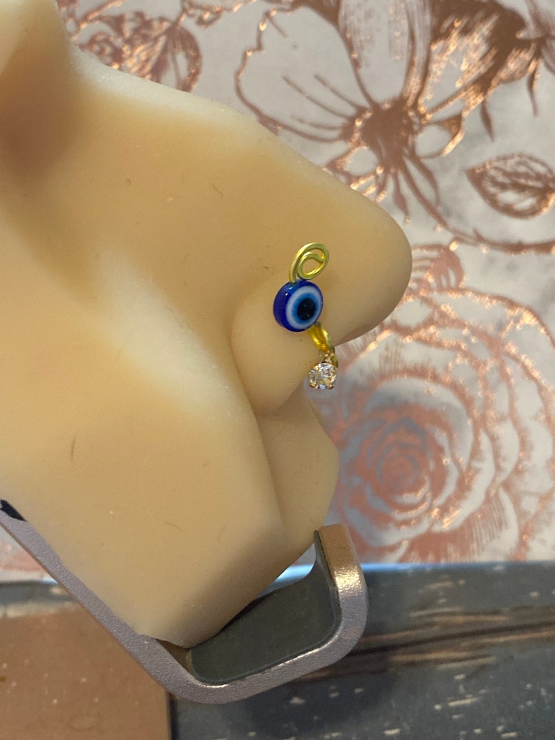 Dark blue Evil eye beaded Nose cuff with crystal for non-pierced noses. Nickel free aluminum. 