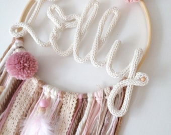 Boho dream catcher natural macrame girl's dream catcher pink purple ByCornelly personalized name
