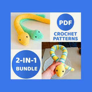 May include: A PDF crochet pattern 2-in-1 bundle featuring two plush snakes. One snake is solid yellow, and the other is solid light green. A third snake is striped with yellow, white, and light blue. Each snake has black safety eyes and a textured finish.
