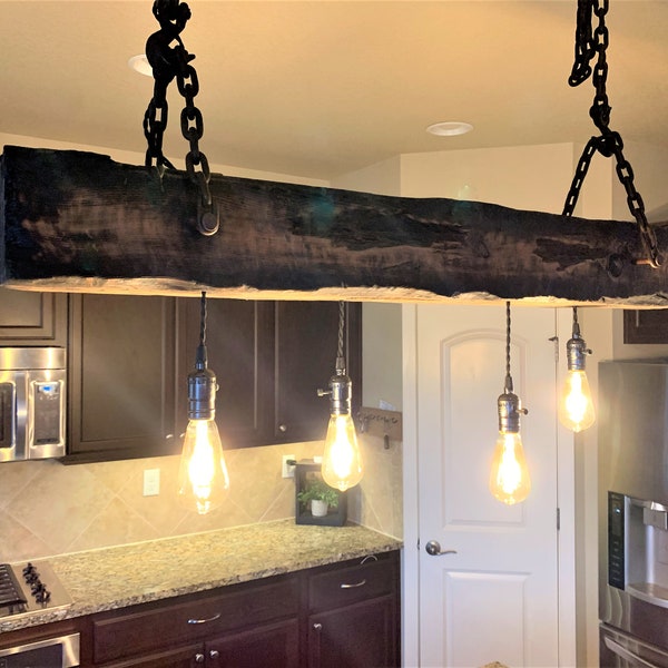 Rustic industrial reclaimed beam light fixture/chandelier with twisted cord outlets
