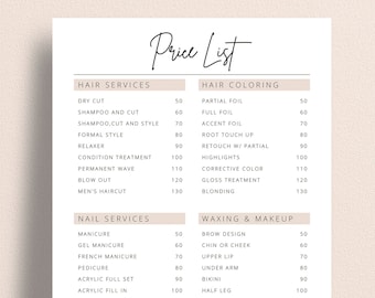 Editable Salon Price List Template | Modern Business Price List Printable