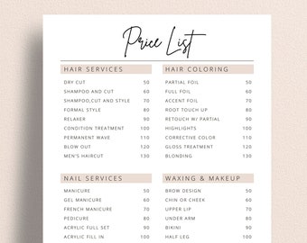 Editable Salon Price List Template | Modern Business Price List Printable