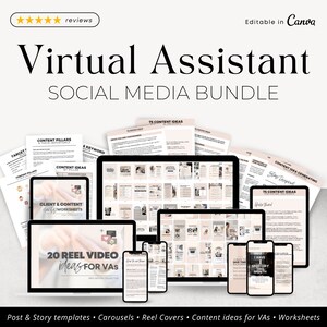 May include: A digital marketing bundle for virtual assistants, featuring templates, carousels, reel covers, content ideas, and worksheets. The bundle includes a variety of resources to help virtual assistants grow their social media presence.