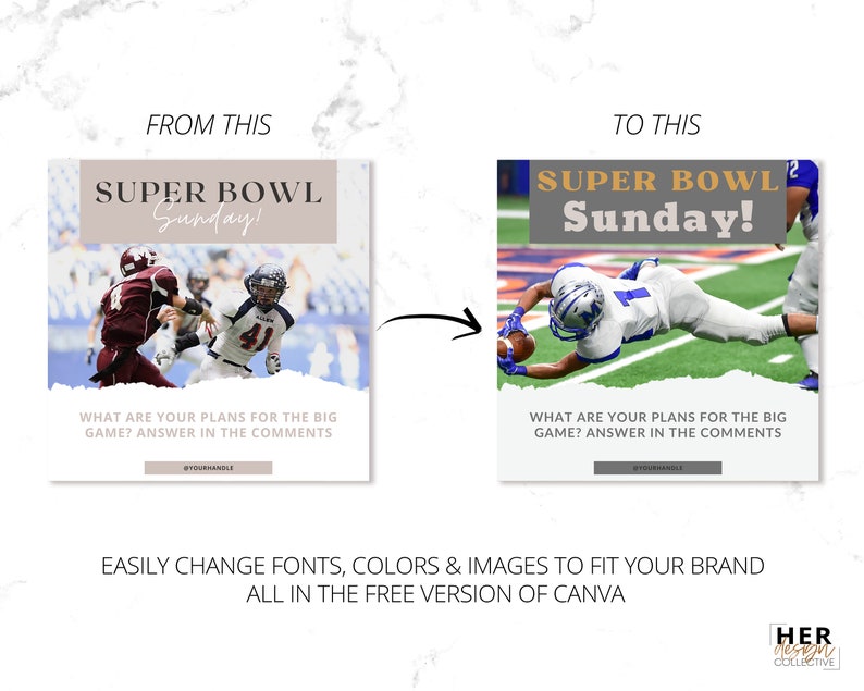 May include: A graphic design template for social media featuring a football player in action. The text reads "Super Bowl Sunday!" and asks "What are your plans for the big game? Answer in the comments."