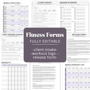 以下が含まれることがあります： 紫色の背景に白黒で印刷されたフィットネスフォームのセット。フォームには、週間フードダイアリー、クライアントアンケート、セッションプランナー、セッション後アンケート、ワークアウトログ、免責事項とリリースフォーム、週間ワークアウトログが含まれています。ページの上部には大きなフォントで「Fitness Forms Fully Editable」というテキストが表示されています。