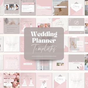 May include: A collection of pink and gray wedding planner templates with various designs. The templates include text such as "Wedding Planner Templates", "Closing Invitations", and "Wedding has been so easy and stress-free".