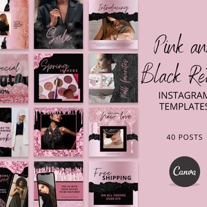 May include: Pink and black Instagram templates for retail businesses. The templates feature images of clothing, makeup, and jewelry, along with text overlays such as "Sale", "Special Offer", and "Free Shipping".
