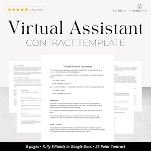 Peut inclure: Un modèle de contrat pour les services d'assistant virtuel. Le document est intitulé "Virtual Services Agreement" et comprend des sections pour le contexte, la portée et les conditions de paiement. Le modèle est entièrement modifiable dans Google Docs et est conçu pour un contrat de 23 points.