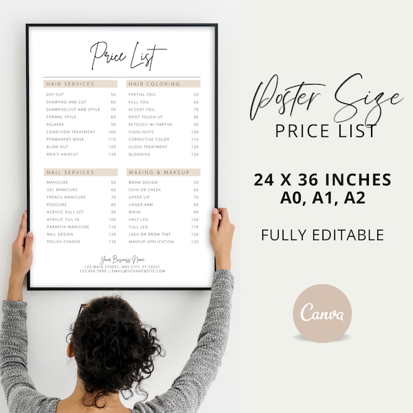 Salon Price List Poster Template | Editable 24 x 36 Salon Price Menu | A0, A1, A2, Modern Business Price List Printable