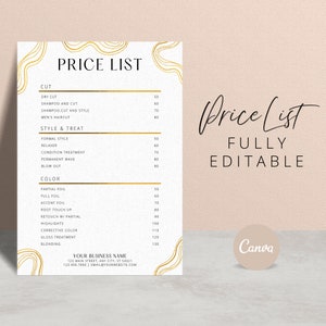 Editable Salon Price List Template | Gold Business Price List Printable