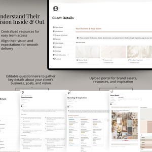 Puede incluir: Una captura de pantalla de un sitio web que muestra un sistema de incorporaci&oacute;n de clientes digital. El sitio web tiene secciones para detalles del negocio, un cuestionario, marca e inspiraci&oacute;n, y un tablero de humor. El sitio web est&aacute; dise&ntilde;ado para ayudar a las empresas a comprender la visi&oacute;n y las expectativas de sus clientes.
