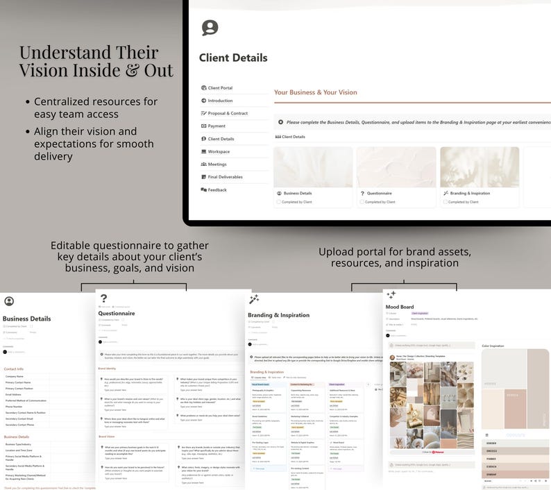 Puede incluir: Una captura de pantalla de un sitio web que muestra un sistema de incorporaci&oacute;n de clientes digital. El sitio web tiene secciones para detalles del negocio, un cuestionario, marca e inspiraci&oacute;n, y un tablero de humor. El sitio web est&aacute; dise&ntilde;ado para ayudar a las empresas a comprender la visi&oacute;n y las expectativas de sus clientes.