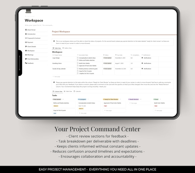 Puede incluir: Un espacio de trabajo digital para la gesti&oacute;n de proyectos con una interfaz colorida. El espacio de trabajo se divide en secciones para el portal del cliente, las tareas y los comentarios. El texto "Your Project Command Center" se muestra en una fuente grande en la parte inferior de la imagen.