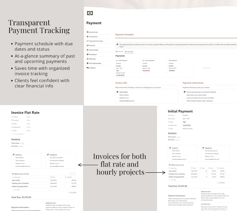 Puede incluir: Una captura de pantalla de un sitio web que muestra un sistema de seguimiento de pagos. El sitio web presenta un calendario de pagos, seguimiento de facturas y un resumen de los pagos pasados y futuros. El sitio web tambi&eacute;n incluye una secci&oacute;n para instrucciones de pago e informaci&oacute;n de facturaci&oacute;n.