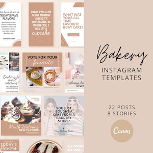May include: A collection of Instagram post templates for a bakery. The templates feature various images of cakes, cupcakes, and other baked goods, along with text that promotes the bakery's products and services. The templates are designed in a modern and minimalist style, with a neutral color palette of beige and brown.
