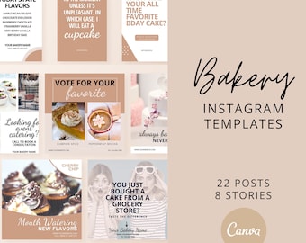 May include: A set of Instagram post templates for a bakery. The templates feature various images of cakes, cupcakes, and other baked goods, along with text that promotes the bakery's products and services. The templates are designed in a modern and minimalist style, with a neutral colour palette of beige and brown.