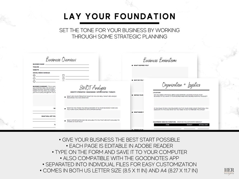 May include: Black and white printable worksheet with the text "Lay Your Foundation" and "Set the tone for your business by working through some strategic planning". The worksheet includes sections for business overview, SWOT analysis, business brainstorm, and organization and logistics. The worksheet is designed to help entrepreneurs plan and organize their business.