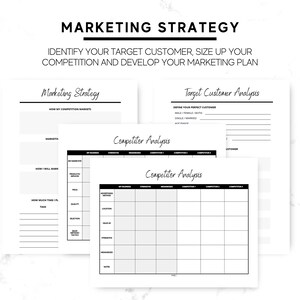 May include: Black and white printable marketing strategy worksheet with sections for target customer analysis, competitor analysis, and marketing strategy. The worksheet includes headings for "How my competition markets", "My Business", "Strengths", "Weaknesses", "Competition 1", "Competition 2", "Competition 3", "Advertising", "Location", "Sales", "Strengths", "Weaknesses", "Notes", "Defining your perfect customer", "Male/Female/Both", "Single/Married", "Age Range", "Lifestyle", "Occupation", "Outcome", "Marketing", "How I will make my product/service different", "How much time I'll spend on each task", "Product/Service", "Price", "Quality", "Reputation", "Sales Tactics".