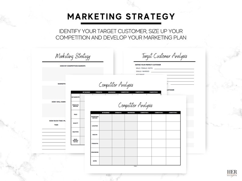 May include: Black and white printable marketing strategy worksheet with sections for target customer analysis, competitor analysis, and marketing strategy. The worksheet includes headings for "How my competition markets", "My Business", "Strengths", "Weaknesses", "Competition 1", "Competition 2", "Competition 3", "Advertising", "Location", "Sales", "Strengths", "Weaknesses", "Notes", "Defining your perfect customer", "Male/Female/Both", "Single/Married", "Age Range", "Lifestyle", "Occupation", "Outcome", "Marketing", "How I will make my product/service different", "How much time I'll spend on each task", "Product/Service", "Price", "Quality", "Reputation", "Sales Tactics".