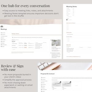 Puede incluir: Una captura de pantalla de un sitio web que muestra un programa de software para administrar reuniones, propuestas y contratos. El sitio web tiene un fondo claro con un esquema de color beige. El texto en el sitio web dice "Un centro para cada conversaci&oacute;n", "Acceso f&aacute;cil a enlaces, notas y archivos adjuntos de la reuni&oacute;n", "La plantilla de notas de la reuni&oacute;n garantiza que las decisiones importantes no se pierdan en el desorden", "Revisar y firmar con facilidad", "No m&aacute;s propuestas enterradas en la bandeja de entrada de su cliente", "Simplificar el proceso de aprobaci&oacute;n", "No m&aacute;s buscar papeles o esperar archivos adjuntos por correo electr&oacute;nico", "Propuesta y contrato", y "Notas de la reuni&oacute;n".
