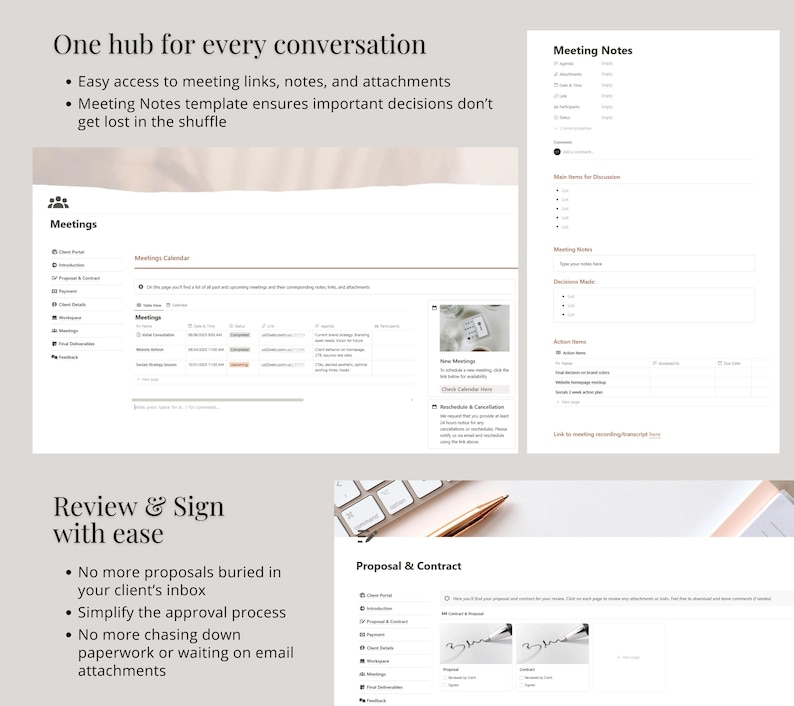 Puede incluir: Una captura de pantalla de un sitio web que muestra un programa de software para administrar reuniones, propuestas y contratos. El sitio web tiene un fondo claro con un esquema de color beige. El texto en el sitio web dice "Un centro para cada conversaci&oacute;n", "Acceso f&aacute;cil a enlaces, notas y archivos adjuntos de la reuni&oacute;n", "La plantilla de notas de la reuni&oacute;n garantiza que las decisiones importantes no se pierdan en el desorden", "Revisar y firmar con facilidad", "No m&aacute;s propuestas enterradas en la bandeja de entrada de su cliente", "Simplificar el proceso de aprobaci&oacute;n", "No m&aacute;s buscar papeles o esperar archivos adjuntos por correo electr&oacute;nico", "Propuesta y contrato", y "Notas de la reuni&oacute;n".