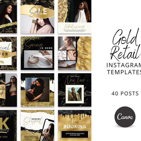 Gold Retail Instagram Templates, Golden Posts, IG Gold Canva Template, Editable Yellow Gold Social Media Templates