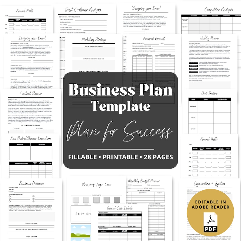 May include: A black and white business plan template with the text "Business Plan Template Plan for Success Fillable Printable 28 Pages" in a white box. The template includes sections for annual profits, target customer analysis, designing your brand, competitor analysis, content planner, new product/service brainstorm, business overview, monthly budget planner, primary logo, product cost details, goal timeline, and organization + logistics.