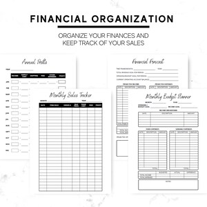 May include: Black and white printable financial organization worksheets with headings "Annual Profits", "Financial Forecast", "Monthly Sales Tracker", and "Monthly Budget Planner".