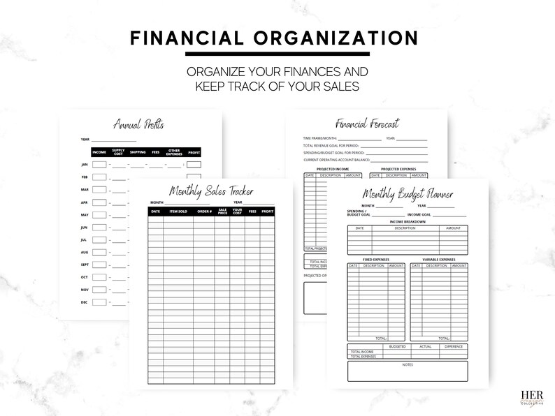 May include: Black and white printable financial organization worksheets with headings "Annual Profits", "Financial Forecast", "Monthly Sales Tracker", and "Monthly Budget Planner".