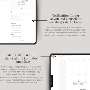 Puede incluir: Una captura de pantalla de una interfaz de aplicaci&oacute;n m&oacute;vil que muestra una vista de calendario con un centro de notificaciones. La vista del calendario muestra un calendario de un mes con fechas y eventos. El centro de notificaciones muestra una lista de notificaciones, incluidas las tareas del proyecto, las reuniones y los pagos vencidos. El texto en la pantalla dice "Main Calendar Hub shows all the key dates in one place" y "Notification Center so you and your client are always in the know".