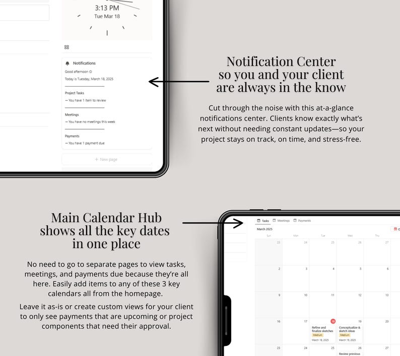 Puede incluir: Una captura de pantalla de una interfaz de aplicaci&oacute;n m&oacute;vil que muestra una vista de calendario con un centro de notificaciones. La vista del calendario muestra un calendario de un mes con fechas y eventos. El centro de notificaciones muestra una lista de notificaciones, incluidas las tareas del proyecto, las reuniones y los pagos vencidos. El texto en la pantalla dice "Main Calendar Hub shows all the key dates in one place" y "Notification Center so you and your client are always in the know".