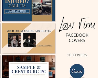 May include: Ten Facebook cover designs for a law firm. The covers feature images of a courtroom, lawyers, and a car accident. The text on the covers includes the law firm's name, contact information, and the phrase "Your Local Caring Advocates".