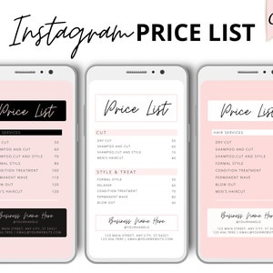 Modelo de lista de preços de história do Instagram, modelos de Canva de menu digital IG, cartão de visita de folha de taxas editável
