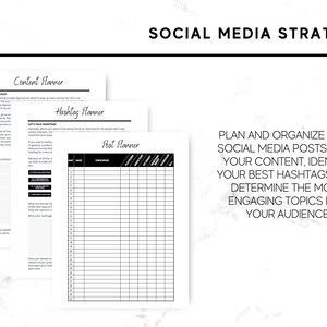 May include: Black and white printable social media strategy planner with sections for content, hashtag, and post planning. The text "PLAN AND ORGANIZE YOUR SOCIAL MEDIA POSTS, PLAN YOUR CONTENT, IDENTIFY YOUR BEST HASHTAGS, AND DETERMINE THE MOST ENGAGING TOPICS FOR YOUR AUDIENCE" is at the bottom of the page.