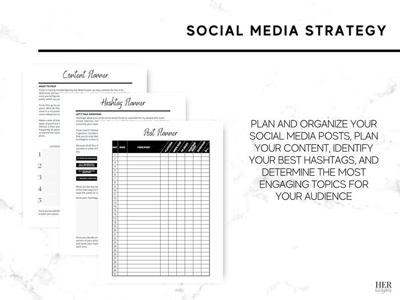 May include: Black and white printable social media strategy planner with sections for content, hashtag, and post planning. The text "PLAN AND ORGANIZE YOUR SOCIAL MEDIA POSTS, PLAN YOUR CONTENT, IDENTIFY YOUR BEST HASHTAGS, AND DETERMINE THE MOST ENGAGING TOPICS FOR YOUR AUDIENCE" is at the bottom of the page.