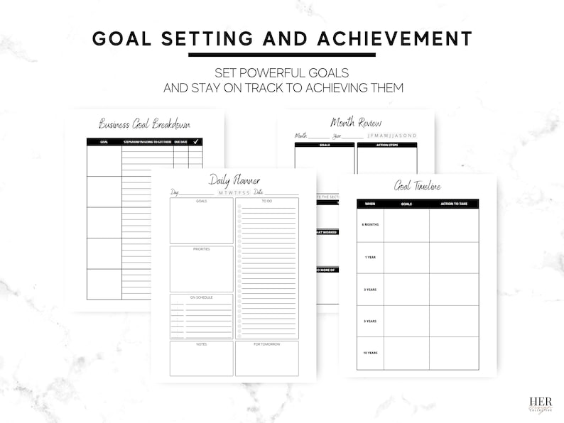 May include: Black and white printable goal setting and achievement planner pages. The pages include sections for daily planning, monthly review, and goal timelines.