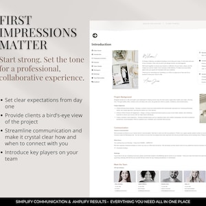 Puede incluir: Un documento blanco y gris con el texto "First Impressions Matter" en letras grandes, negritas y marrones. El documento destaca la importancia de establecer expectativas claras, proporcionar una visi&oacute;n general del proyecto, optimizar la comunicaci&oacute;n y presentar a los miembros clave del equipo. El documento tambi&eacute;n incluye un mensaje de bienvenida, una secci&oacute;n sobre el contexto del proyecto y una secci&oacute;n "Conoce al equipo" con fotos de cuatro personas.